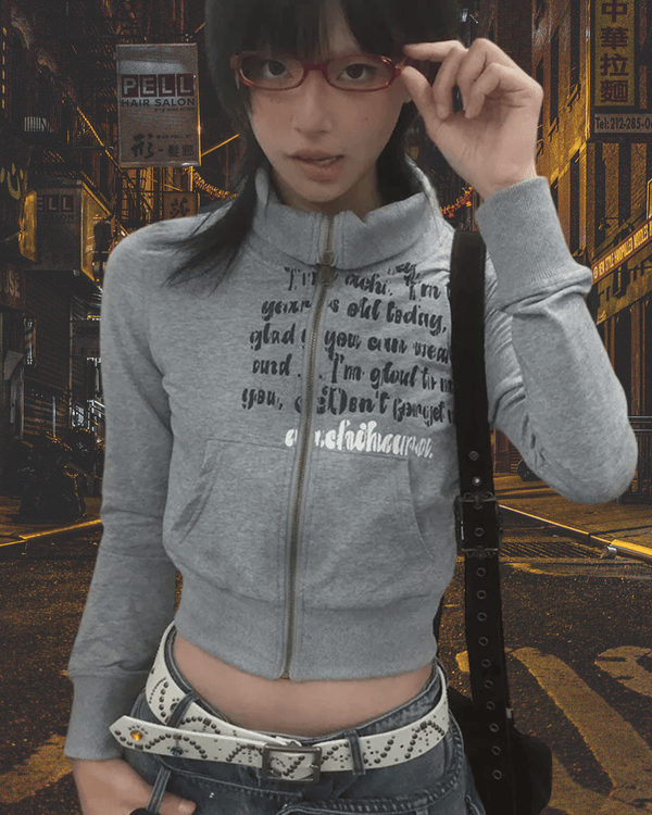 Karrram Japanese Y2k Cropped Jacket Vintage Harajuku Short Coat American Retro Letter Print Zipper Sweatshirt Grunge Outerwear