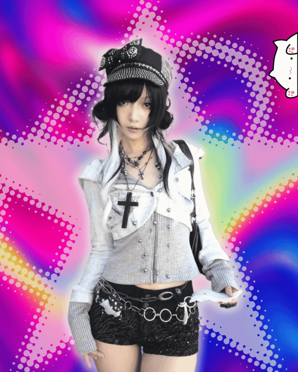 Karrram Japanese Y2k Fake Two-piece Knitted Tops Trashy 2000s Hooded Jacket Vintage Harajuku Knitwear Grunge Aesthetics American