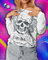 Women Y2K Grunge Fairy Tops Fashion Halloween Long Sleeve Off Shoulder Skull Print Casual Street Party Fall T-Shirt