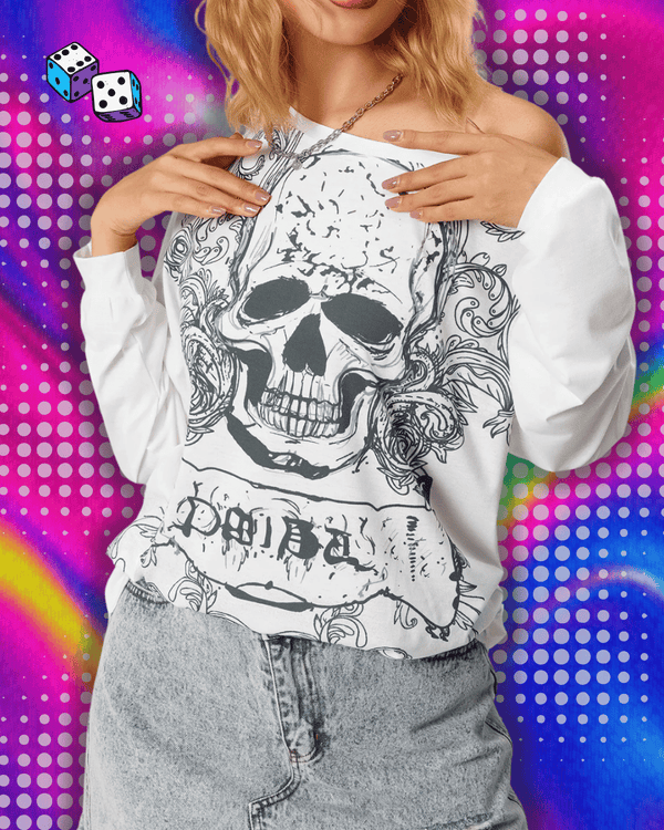 Women Y2K Grunge Fairy Tops Fashion Halloween Long Sleeve Off Shoulder Skull Print Casual Street Party Fall T-Shirt