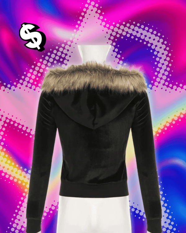 SUCHCUTE Y2K Aesthetic Faux Feathers Hooded Cardigan Black Velvet Furry Ball Decorate Zip Up Hoodies Jackets Retro Gothic Coats