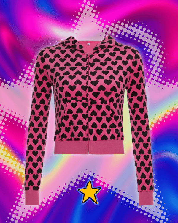 BIIKPIIK Heart Printed Hooded Velvet Jackets Y2K Retro Zipper Slim Fit Coat Girls Casual Harajuku Hoodies Spring Valentine's Day