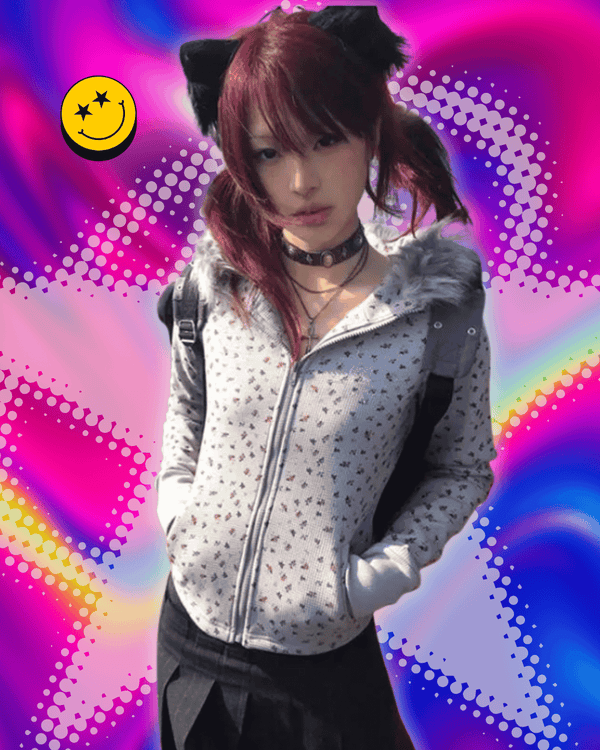 Karrram Japanese Y2k Fur Hooded Coat Vintage Harajuku Floral Winter Jacket 2000s Aesthetics Rhinestone Print Outerwear Fairycore