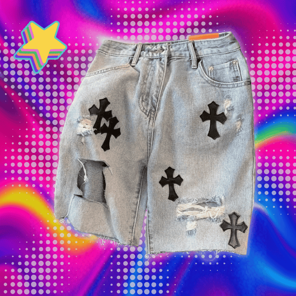 Y2K Ripped Denim Shorts European and American High Street Cross Jeans hip-hop Boyfriend straight loose wide-leg pants ins hot