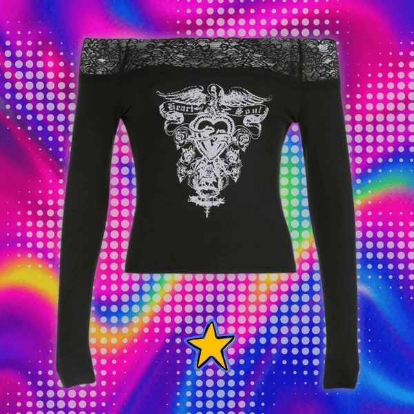 CIBBAR Gothic Print Cropped Top Black Lace Stitched Off-shoulder Slash Neck T-shirt Women Casual Autumn Tees y2k Aesthetic Shirt