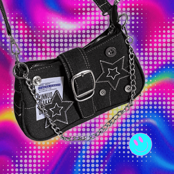 Y2k Fashion Women's Handbags Stars Pattern Cool Girls Underarm Bag Vintage Canvas Female Small Shoulder Bags Chain Tote Purses