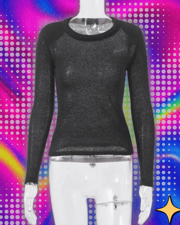 MSCSZ Black See-Though Knitted Sweater Women Fall Thin Mohair Wool Sweater For Women Pullovers O-neck Long Sleeve Top Y2K