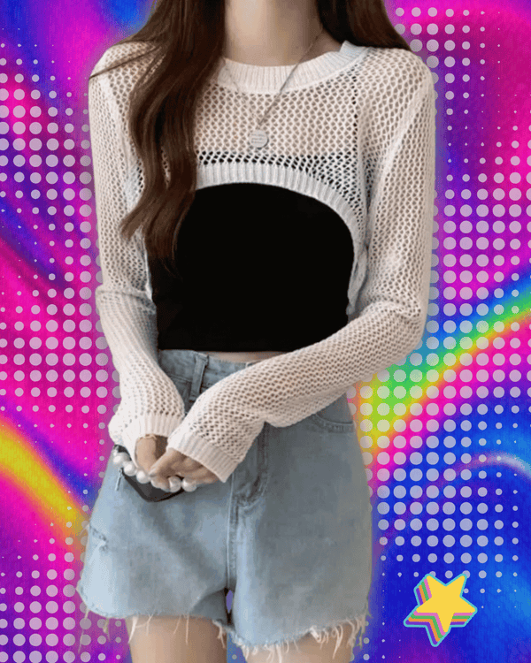 Women Y2k Crochet Knit Hollow Out Crop Top Long Flared Sleeve Shrug Sweater Mesh Cover Ups Cardigan Streetwear