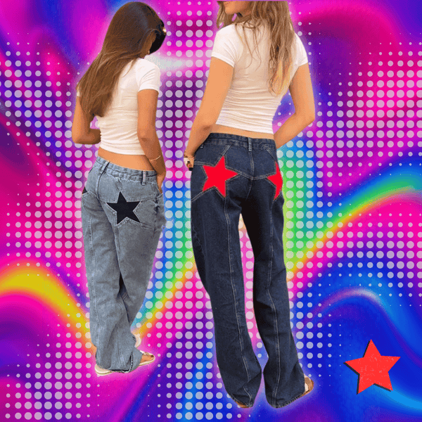 Combhasaki Women's Y2K Vintage Jeans Aesthetic Star Pattern Print Loose Straight Leg Denim Long Pants Casual Low Waist Trousers