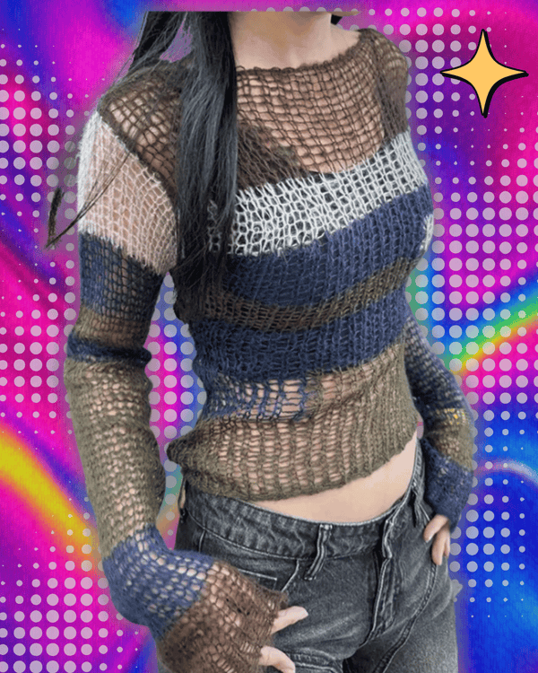 Karrram Y2k Aesthetics Crop Knit Tops Vintage Grunge Hollow Out Jumpers Japanese 2000s Hole Pullover Korean Dongdaemun Knitwear