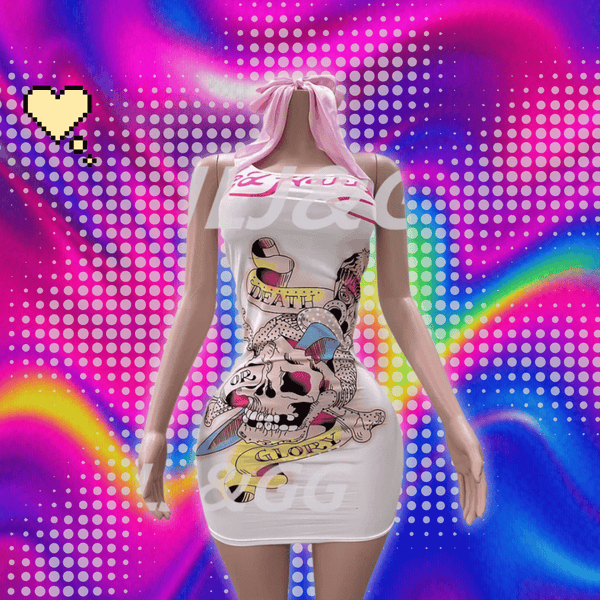 HLJ Y2K Pattern Printing Bodycon One Piece Spaghetti Strap Mini Dresses Women Sleeveless Backless Slim Vestidos Sexy Streetwear