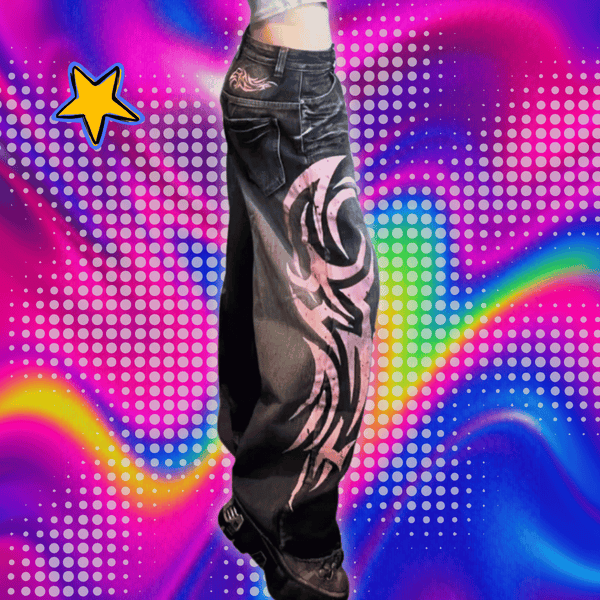 Y2K American Vintage Mottled Totem Print Baggy Jeans Women's High Waist Wide Leg Jeans Women's Harajuku Trendy Hip-hop Jeans