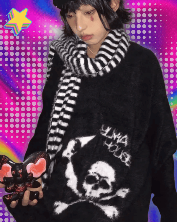 Karrram Gothic Skulls Sweater Grunge Dark Aesthetics Knitted Jumper V-neck Harajuku Loose Mohair Pullover Emo Alt Knitwear Y2k