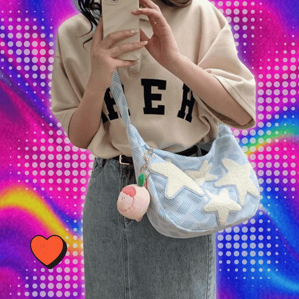 Canvas Large Capacity Satchel Y2K Street Style Messenger Bag Embroidered Star Cute Dumpling Bag Moon Teeth Casual Crossbody Bags