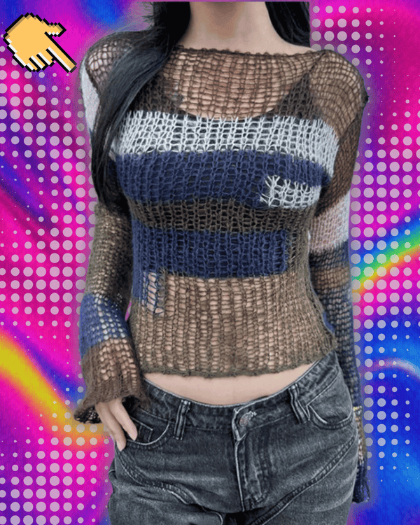 Karrram Y2k Aesthetics Crop Knit Tops Vintage Grunge Hollow Out Jumpers Japanese 2000s Hole Pullover Korean Dongdaemun Knitwear