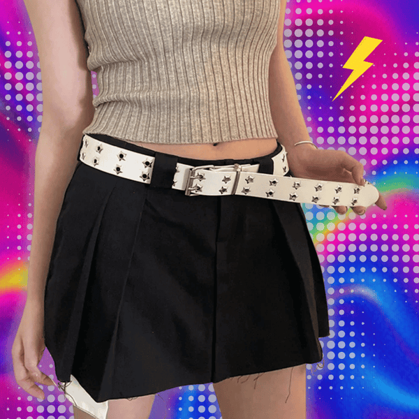 Y2K Punk Rivet Leather Belts Women Men Star PU Black White Waist Strap Double Row Hollow Trendy Waistband Jeans Skirt Decoration