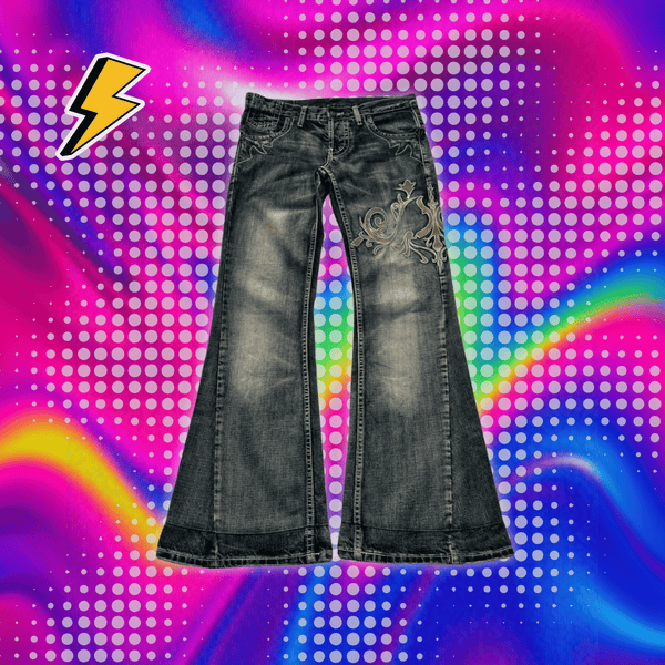 Street Harajuku Heavy Industries Retro Pattern Embroidery Blue Washed Jeans Women's Personalized Casual Splicing Flare Pants