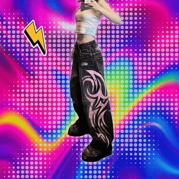 Y2K American Vintage Mottled Totem Print Baggy Jeans Women's High Waist Wide Leg Jeans Women's Harajuku Trendy Hip-hop Jeans
