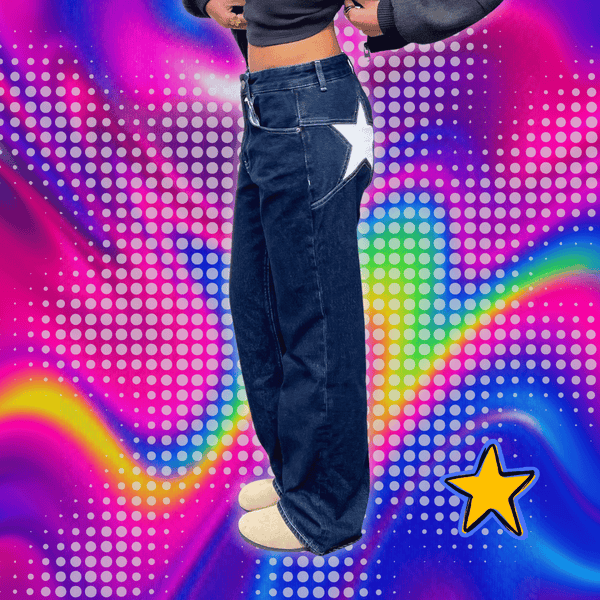 Combhasaki Women's Y2K Vintage Jeans Aesthetic Star Pattern Print Loose Straight Leg Denim Long Pants Casual Low Waist Trousers