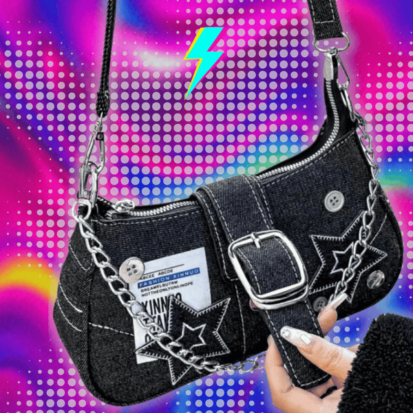 Y2k Fashion Women's Handbags Stars Pattern Cool Girls Underarm Bag Vintage Canvas Female Small Shoulder Bags Chain Tote Purses