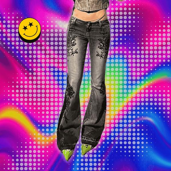 Rockmore Streetwear Low Rise Flare Jeans for Woman Y2K Aesthetic Print Jean Pants Vintage Washed Denim Trouser Grunge Fairycore