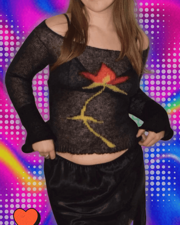 Vintage Y2K Knitted Sweater Flower Aesthetics Graphic Print Pullover Tops Long Sleeve Slim 2000s Harajuku Sweater Top Streetwear