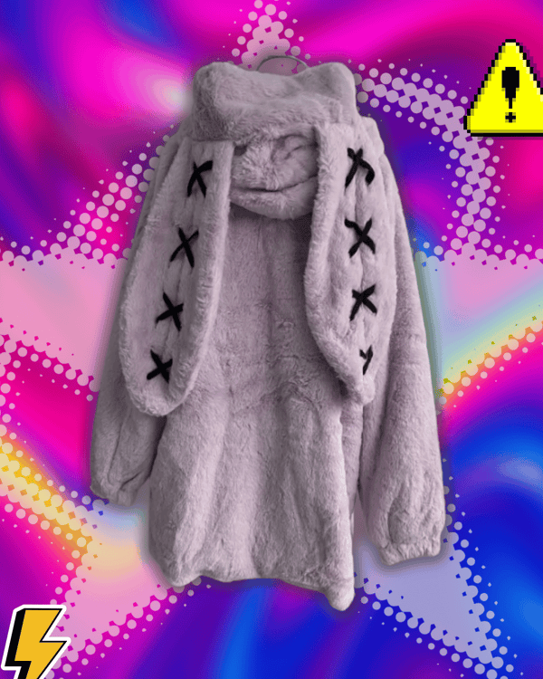 2025 Winter Clothing Women Jackets Harajuku Rabbit Ears Punk Black Coats Thicked Furry Zipper Oversized Y2k Tops Ropa Mujer