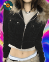 CIBBAR y2k Furry Stitching Hooded Hoodies Vintage 2000s Zip-up Cropped Jackets Women Casual Autumn Outwears Korean Fashion Coats