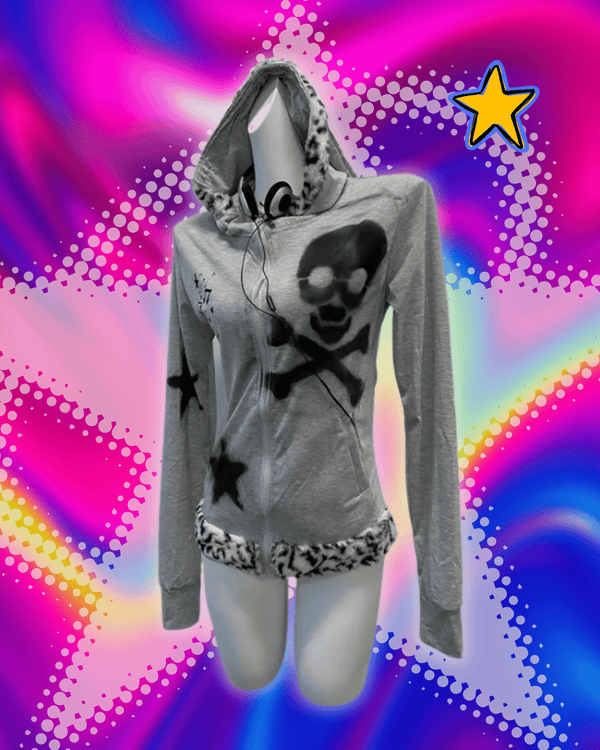 Karrram Japanese Y2k Rabbit Ears Jacket Gothic Skull Print Hooded Outerwear Vintage Harajuku Zipper Sweatshirt Grunge Aesthetics