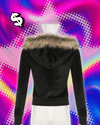 SUCHCUTE Y2K Aesthetic Faux Feathers Hooded Cardigan Black Velvet Furry Ball Decorate Zip Up Hoodies Jackets Retro Gothic Coats