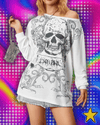 Women Y2K Grunge Fairy Tops Fashion Halloween Long Sleeve Off Shoulder Skull Print Casual Street Party Fall T-Shirt