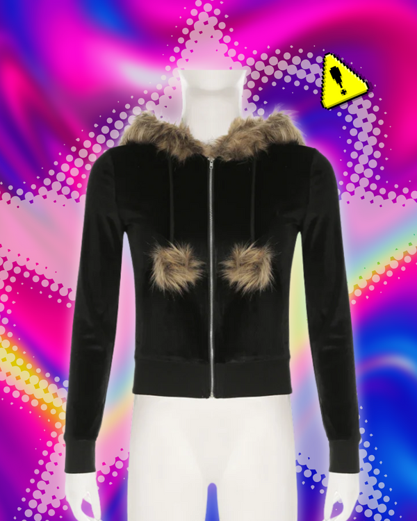 SUCHCUTE Y2K Aesthetic Faux Feathers Hooded Cardigan Black Velvet Furry Ball Decorate Zip Up Hoodies Jackets Retro Gothic Coats
