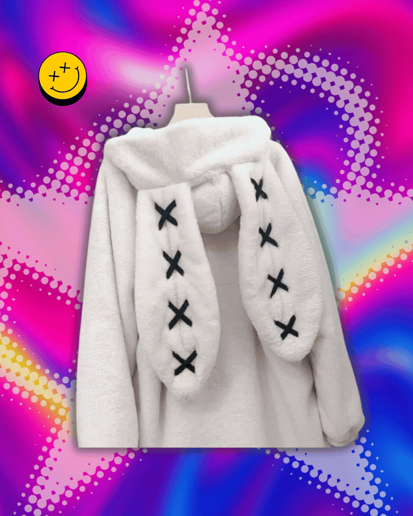 2025 Winter Clothing Women Jackets Harajuku Rabbit Ears Punk Black Coats Thicked Furry Zipper Oversized Y2k Tops Ropa Mujer