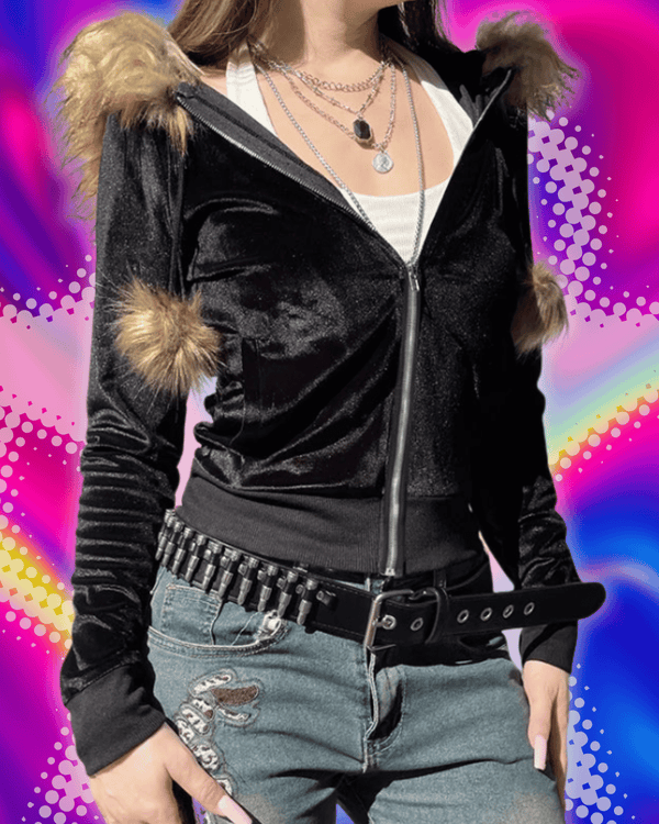 SUCHCUTE Y2K Aesthetic Faux Feathers Hooded Cardigan Black Velvet Furry Ball Decorate Zip Up Hoodies Jackets Retro Gothic Coats