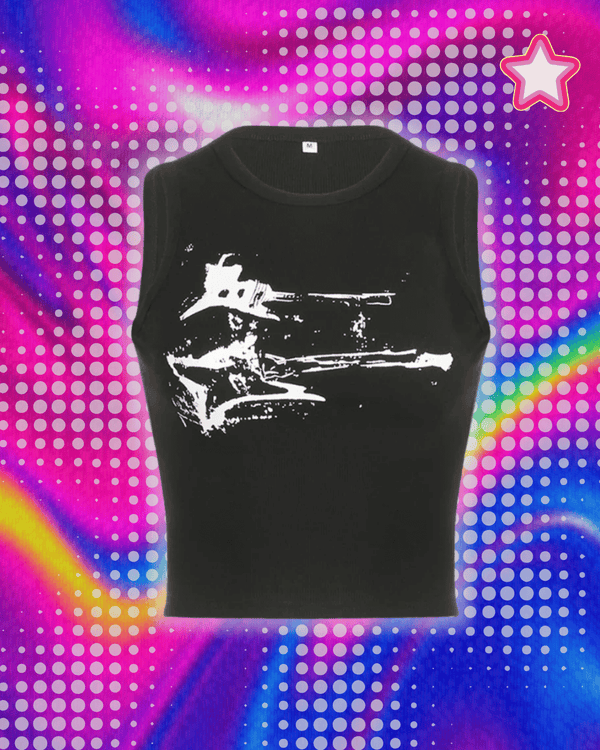 Guitar Print Sleeveless Tank Top Y2K Casual Ribbed Women Grunge Crop Top Harajuku Fashion Vest Tee 90s Street Outfits