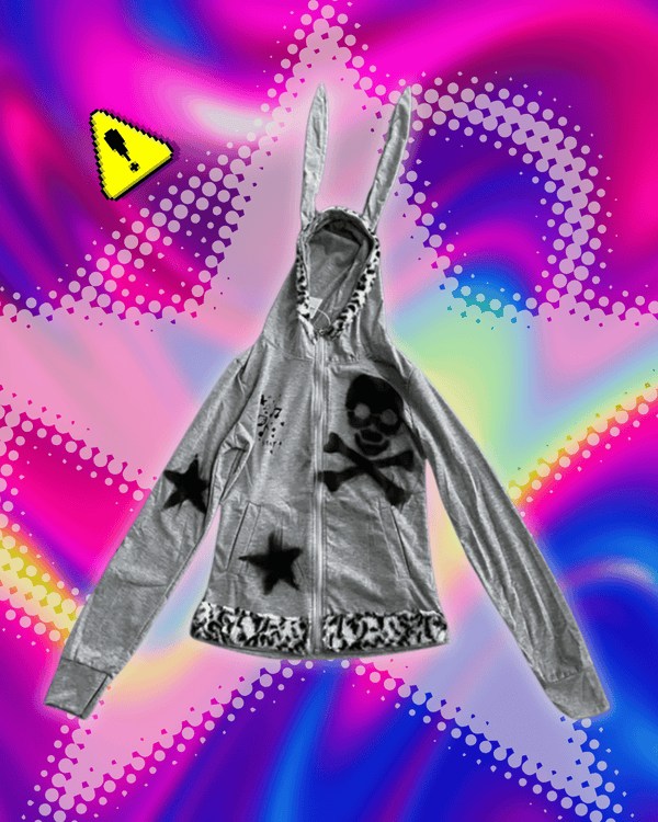 Karrram Japanese Y2k Rabbit Ears Jacket Gothic Skull Print Hooded Outerwear Vintage Harajuku Zipper Sweatshirt Grunge Aesthetics