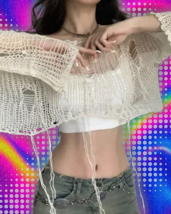 White Slash Neck Grunge Knitted Women's Sweater Hole Ripped Pullover Crop Top Harajuku Hollow Out Sexy Summer Jumpers