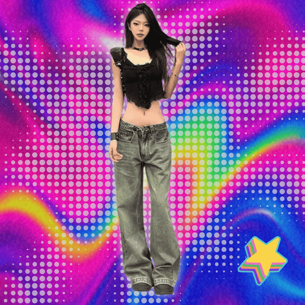 Blue Women's Jeans Hip-hop Fashion Vintage Streetwear Y2K Wide Leg Straight Jean High Waist Trouser Classic Baggy Denim Pants