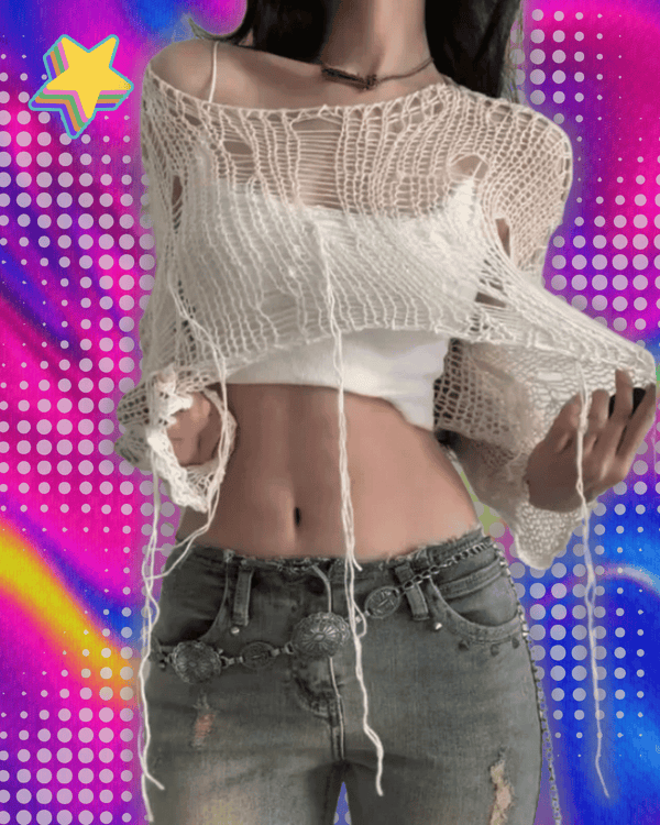 White Slash Neck Grunge Knitted Women's Sweater Hole Ripped Pullover Crop Top Harajuku Hollow Out Sexy Summer Jumpers