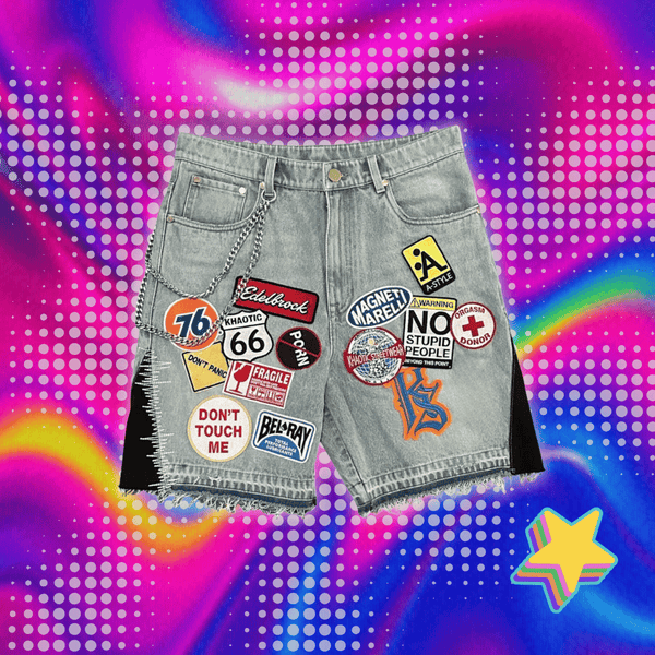 Streetwear Retro Patchwork Denim Short Y2K Jeans Men Women Hip Hop Cartoon Graphics Retro Blue Loose Denim Fitness Casual Shorts