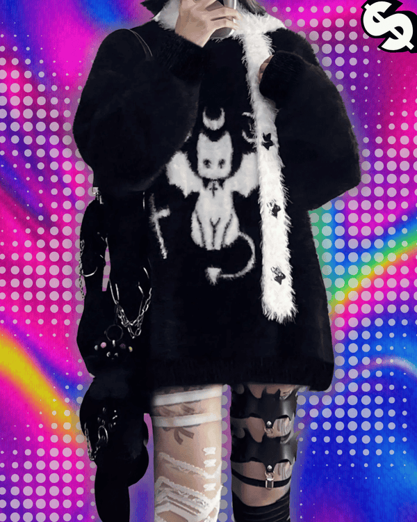 Harajuku Gothic Casual Oversized Knitted Jumpers Grunge Cartoon Sweater Fashion Knitwear Y2k Aesthetic Balack Loose Pullover