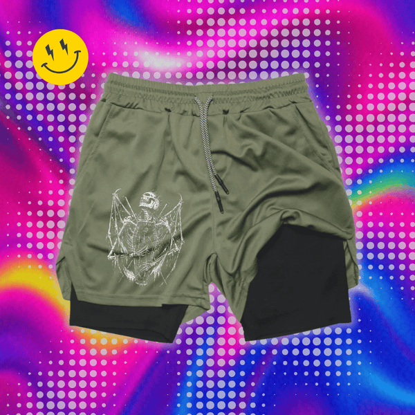 Y2K Performance Shorts Men Quick-drying Fitness Skull Print Double Layer Shorts Workout Training Running Bodybuilding Sportwear