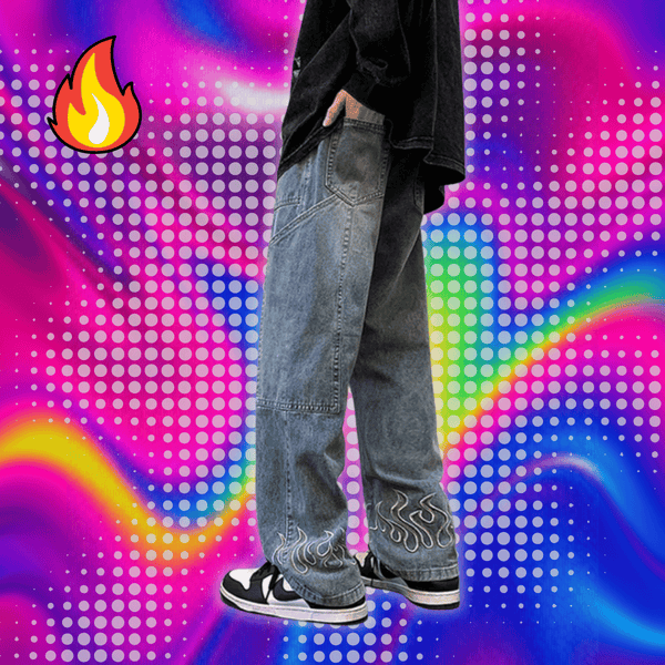 Y2K Vintage Flame Printed Jeans For Men Baggy Streetwear Wide Leg Denim Trousers 2024 New Hip Hop Fashion Straight Pantalones