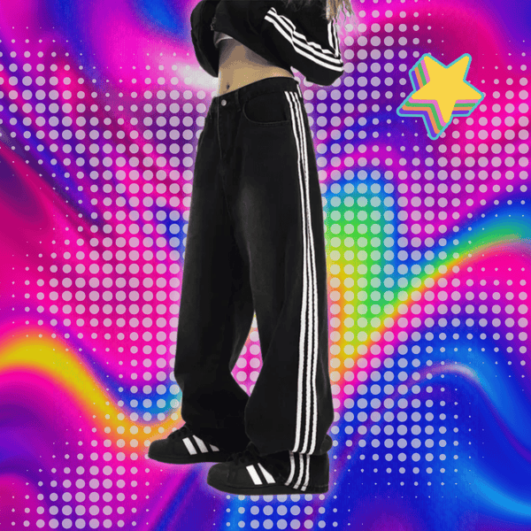 Y2k Harajuku Street Distressed Striped Black Jeans Women Korean Fashion Casual Straight Pants Classic Simple Loose Denim Pants