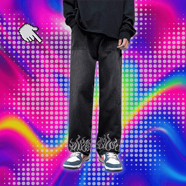 Y2K Vintage Flame Printed Jeans For Men Baggy Streetwear Wide Leg Denim Trousers 2024 New Hip Hop Fashion Straight Pantalones