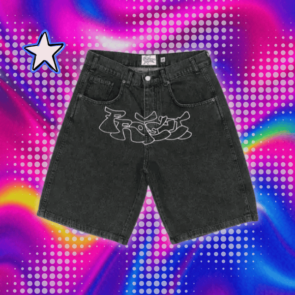 Streetwear Retro Patchwork Denim Short Y2K Jeans Men Women Hip Hop Cartoon Graphics Retro Blue Loose Denim Fitness Casual Shorts