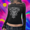 CIBBAR Gothic Print Cropped Top Black Lace Stitched Off-shoulder Slash Neck T-shirt Women Casual Autumn Tees y2k Aesthetic Shirt