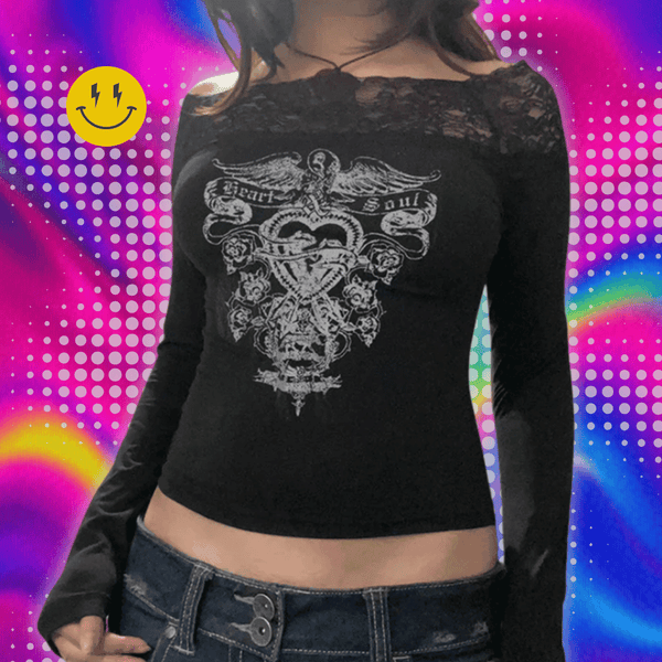 CIBBAR Gothic Print Cropped Top Black Lace Stitched Off-shoulder Slash Neck T-shirt Women Casual Autumn Tees y2k Aesthetic Shirt