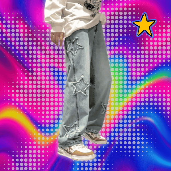 Stars Patchwork Men Jeans New Fashion Y2K Tassel Pants Korea Clothes Straight Hip Hop Splicing Trousers Male Streetwear